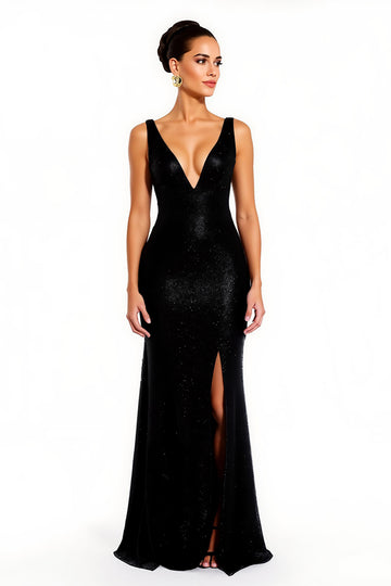 Sparkly Black Sheath V-Neck Holiday Dress With Slit